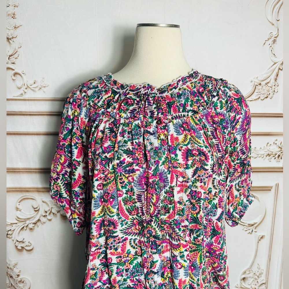 intro. Floral Smocked-Neck Puff Sleeve Blouse - Pink Multi